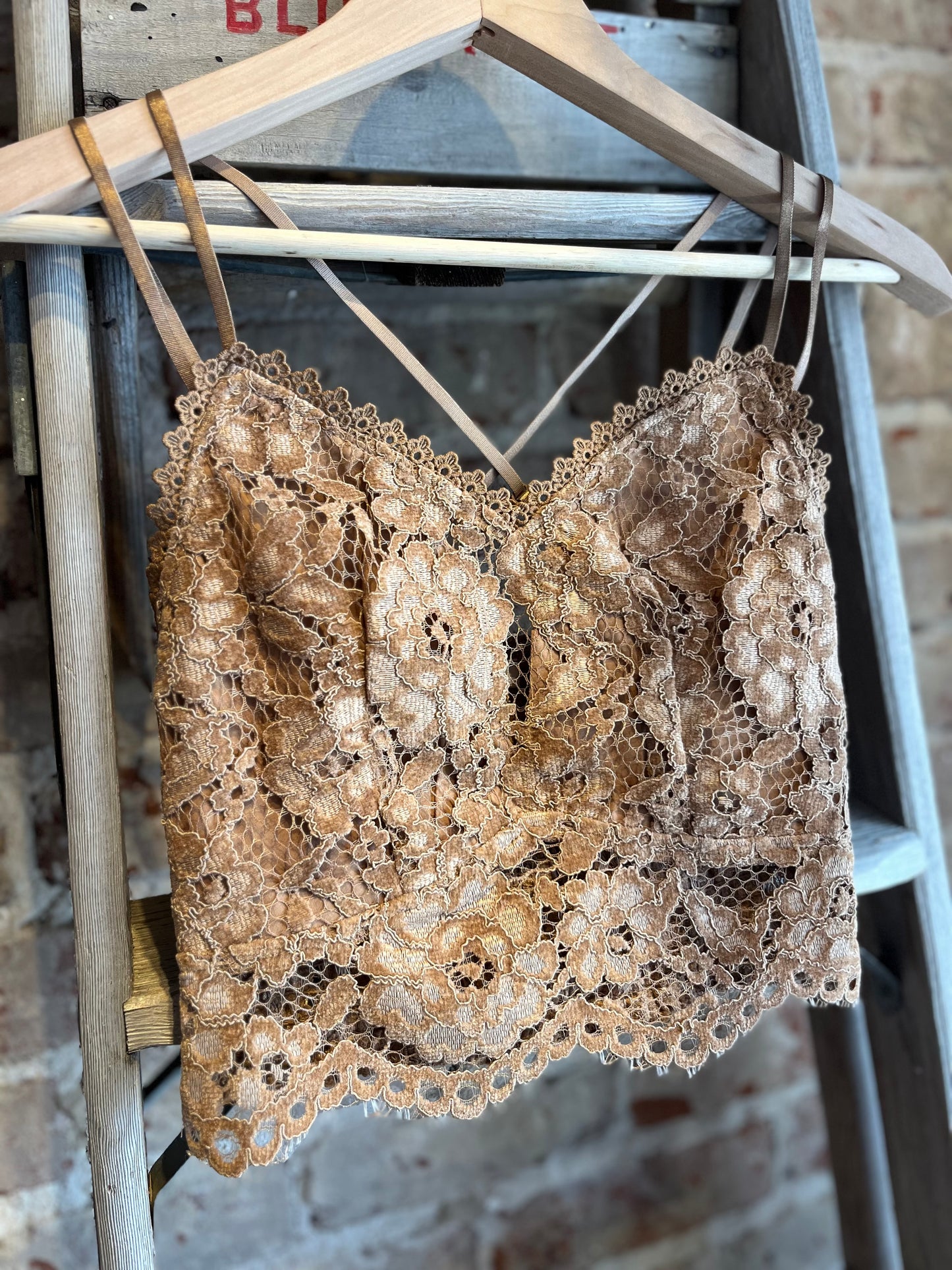 Washed Back Strap Floral Lace Bralette - Camel