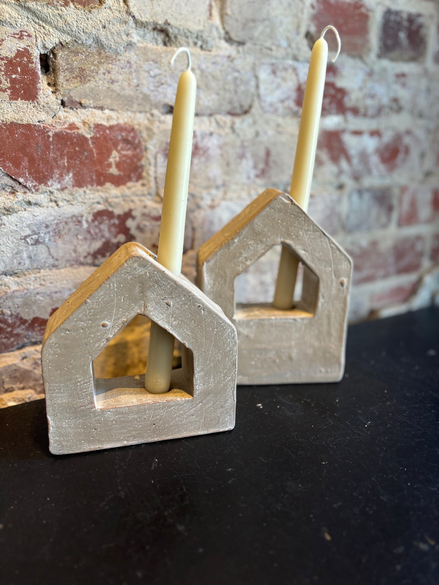 Grey Washed Clay House Taper Candle Holder -Small