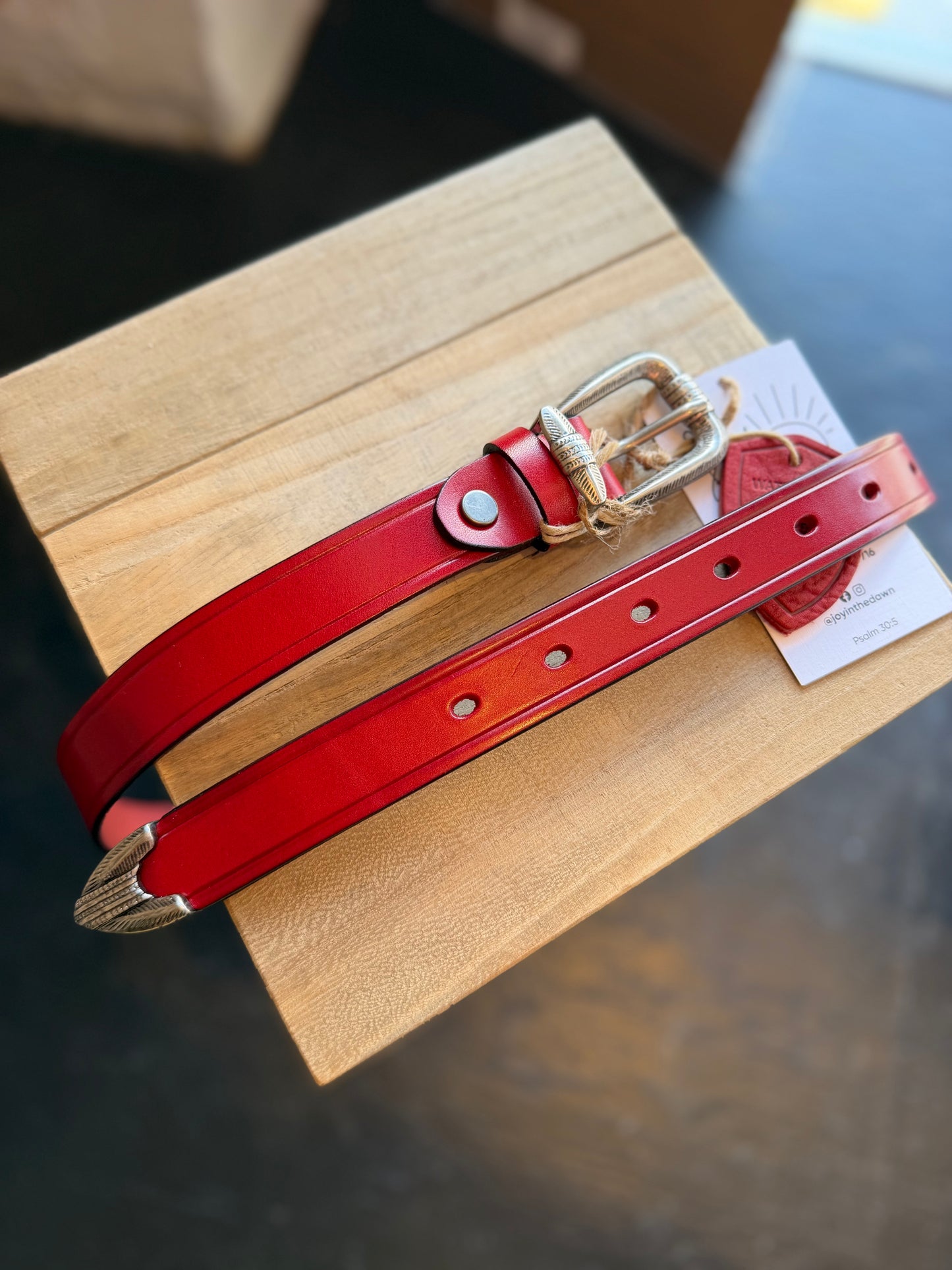 Engraved Silver Leather Belt - Red