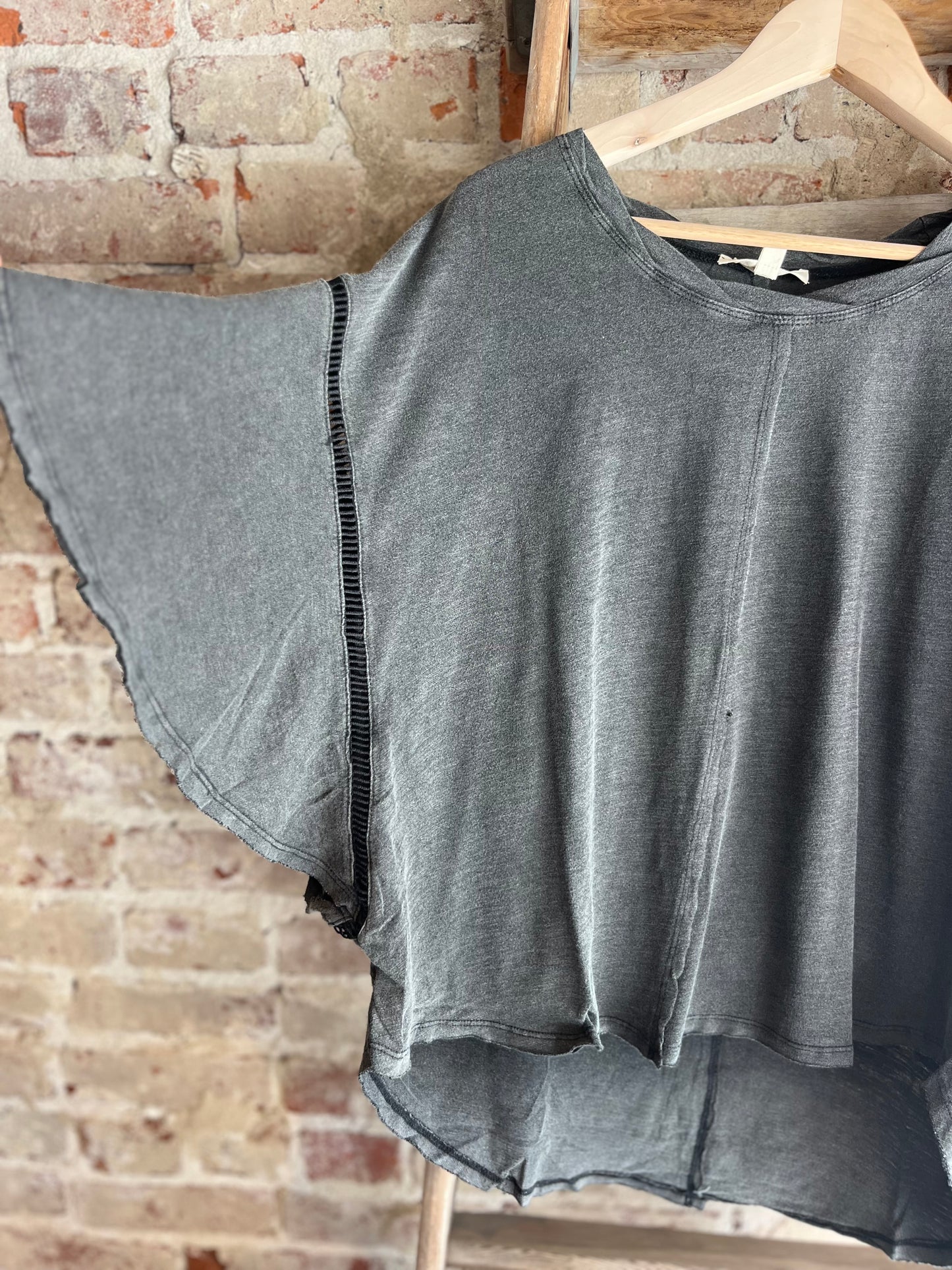 Mineral Washed Ruffle Sleeve Top-Black