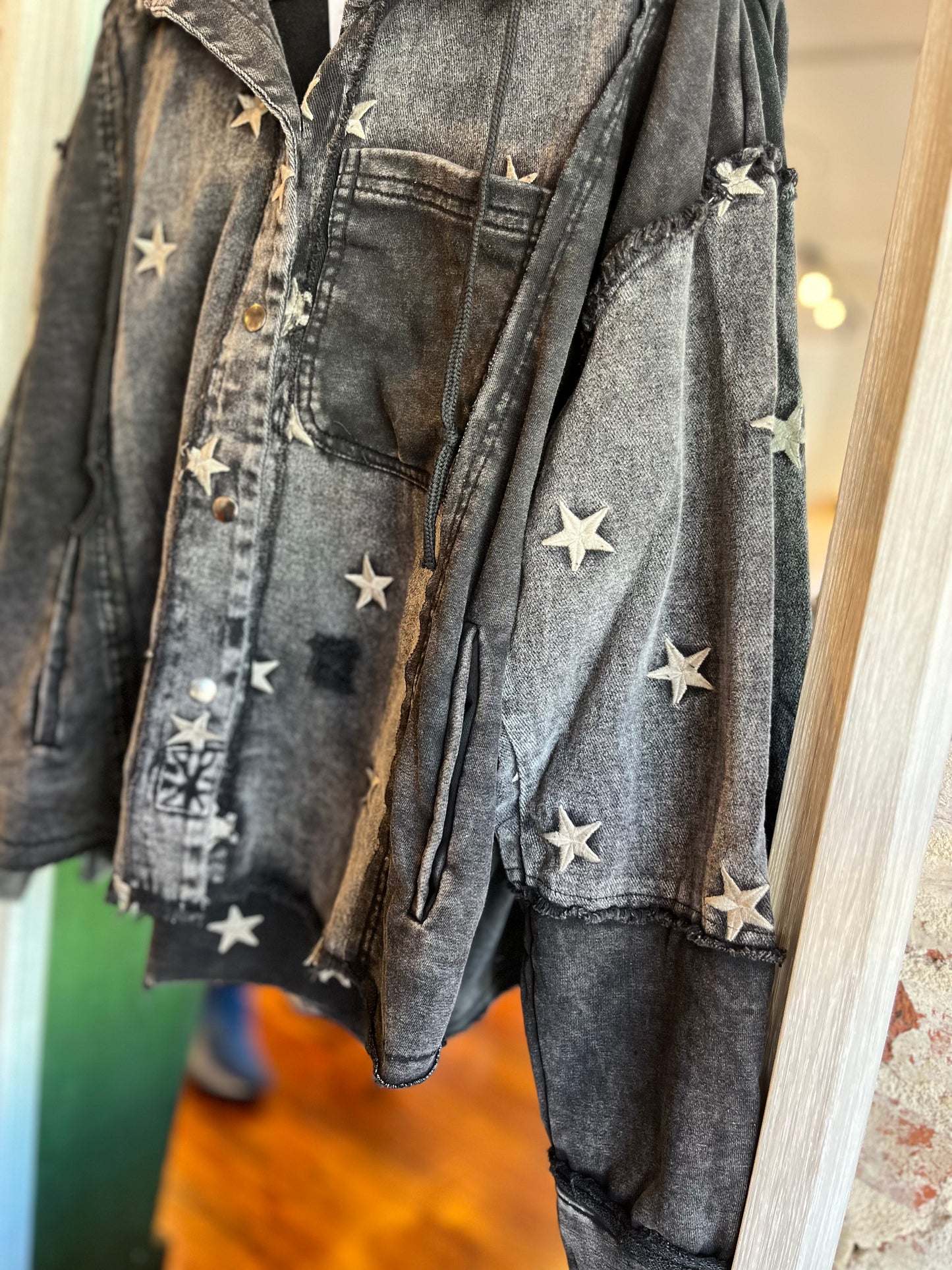 Star Embroidered Hoodie- Black