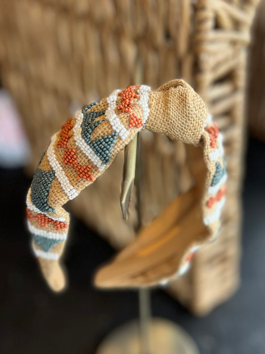 Tan Burlap Beaded Headband