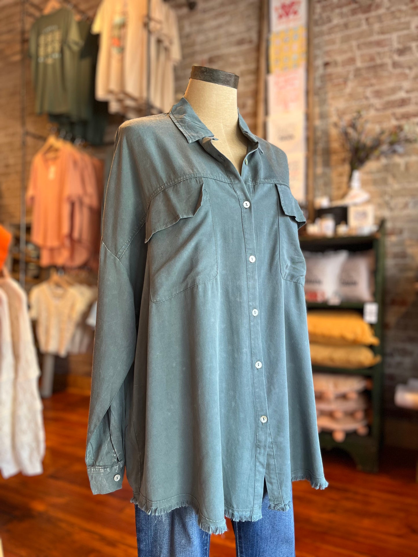 Mineral Washed Long Sleeve Shirt - Sage Green