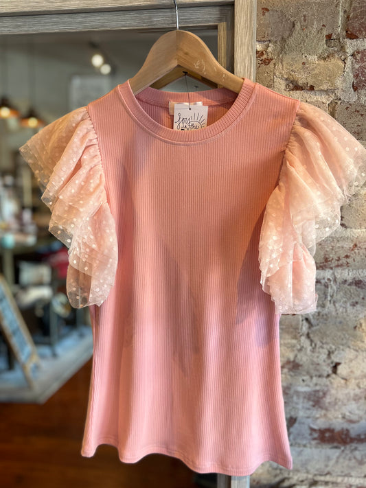 Ruffle Sleeve Ribbed Top - Pink