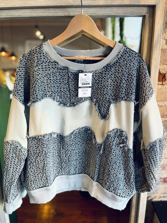 Mixed Fabric Pullover- Denim Blue