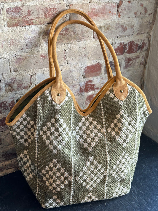 Cotton Diamond Tote - Olive/Cream