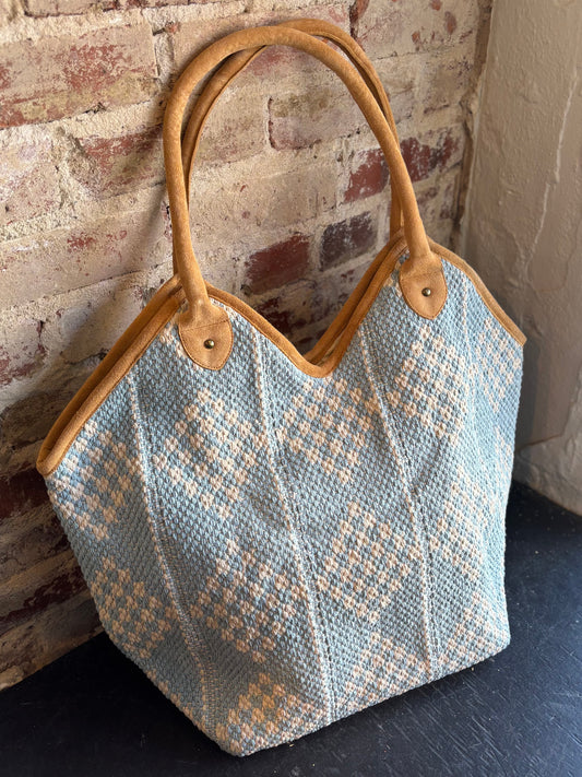 Woven Diamond Tote- Light Blue