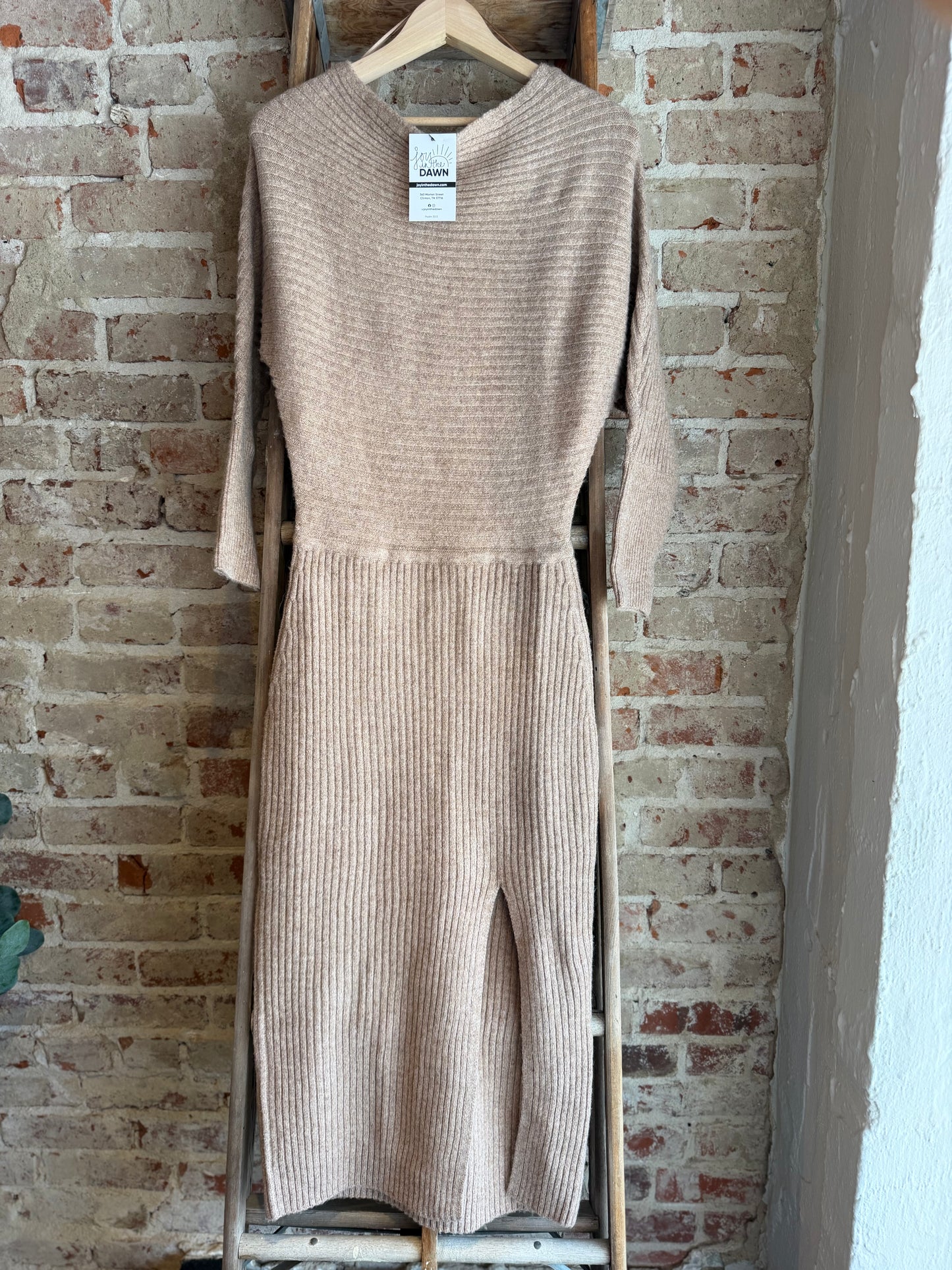 Off Shoulder Midi Sweater Slit Dress- Latte