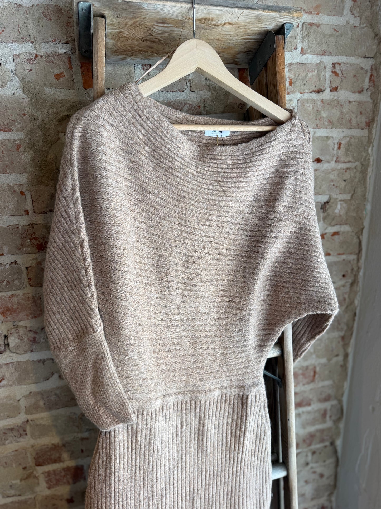 Off Shoulder Midi Sweater Slit Dress- Latte