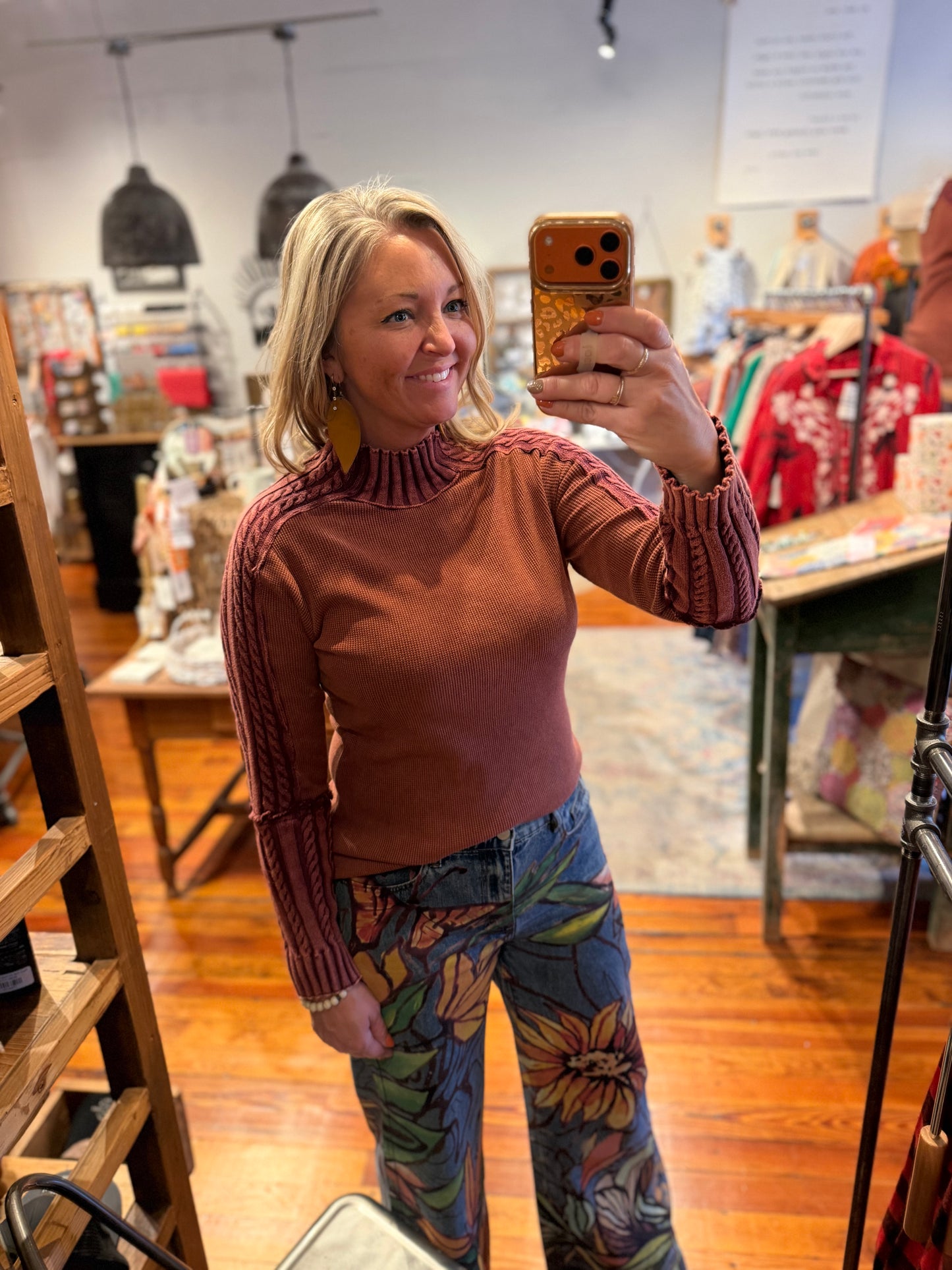 Rust Mock Neck Mixed Media Top
