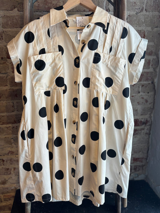 Polka Dot Poplin Pleated Dress- Cream/Black