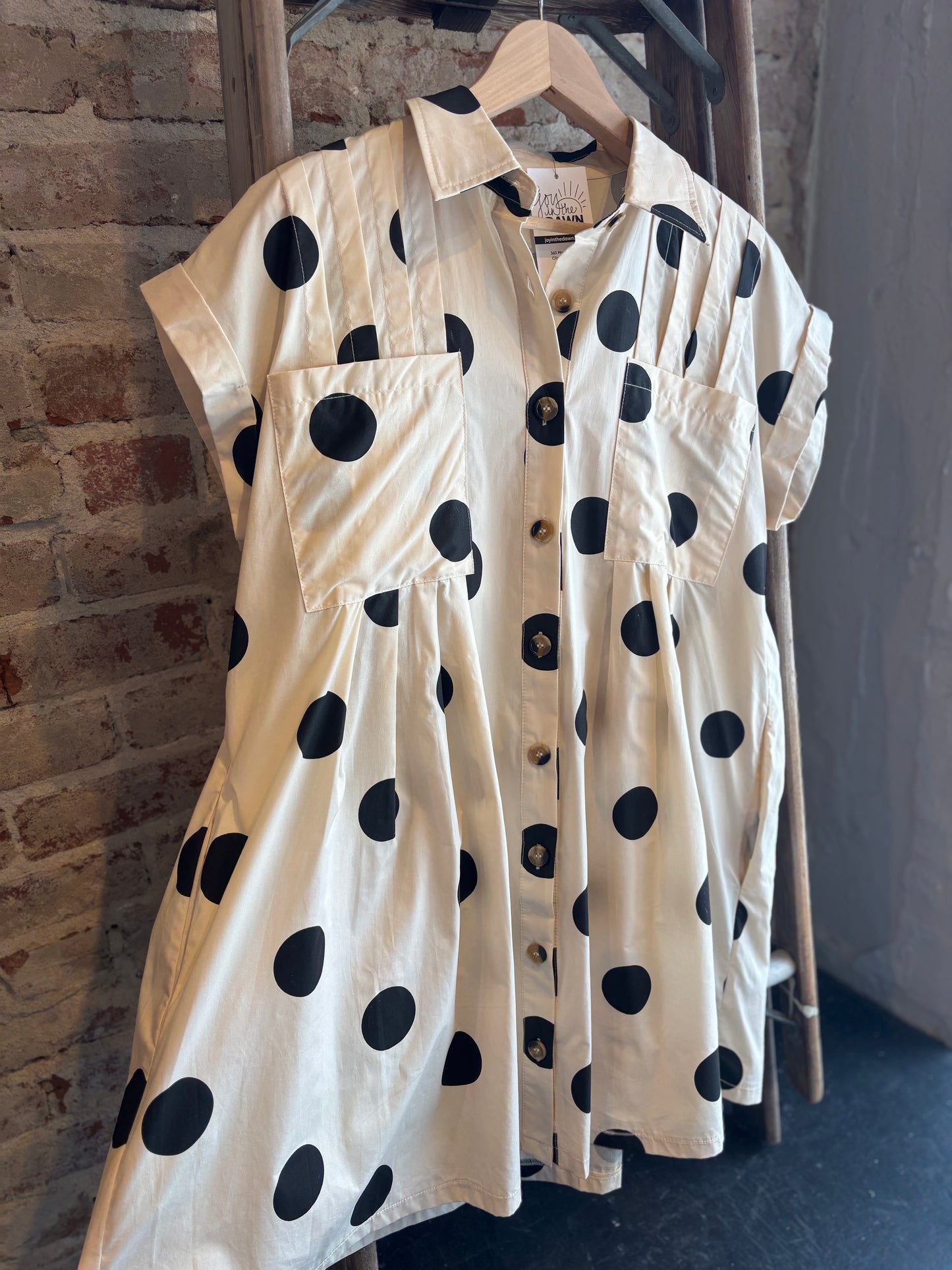 Polka Dot Poplin Pleated Dress- Cream/Black