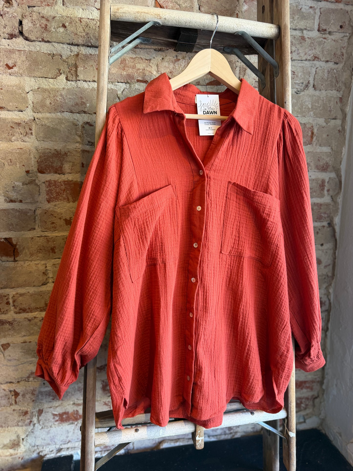 Gauze Puff Long Sleeve Blouse- Rust