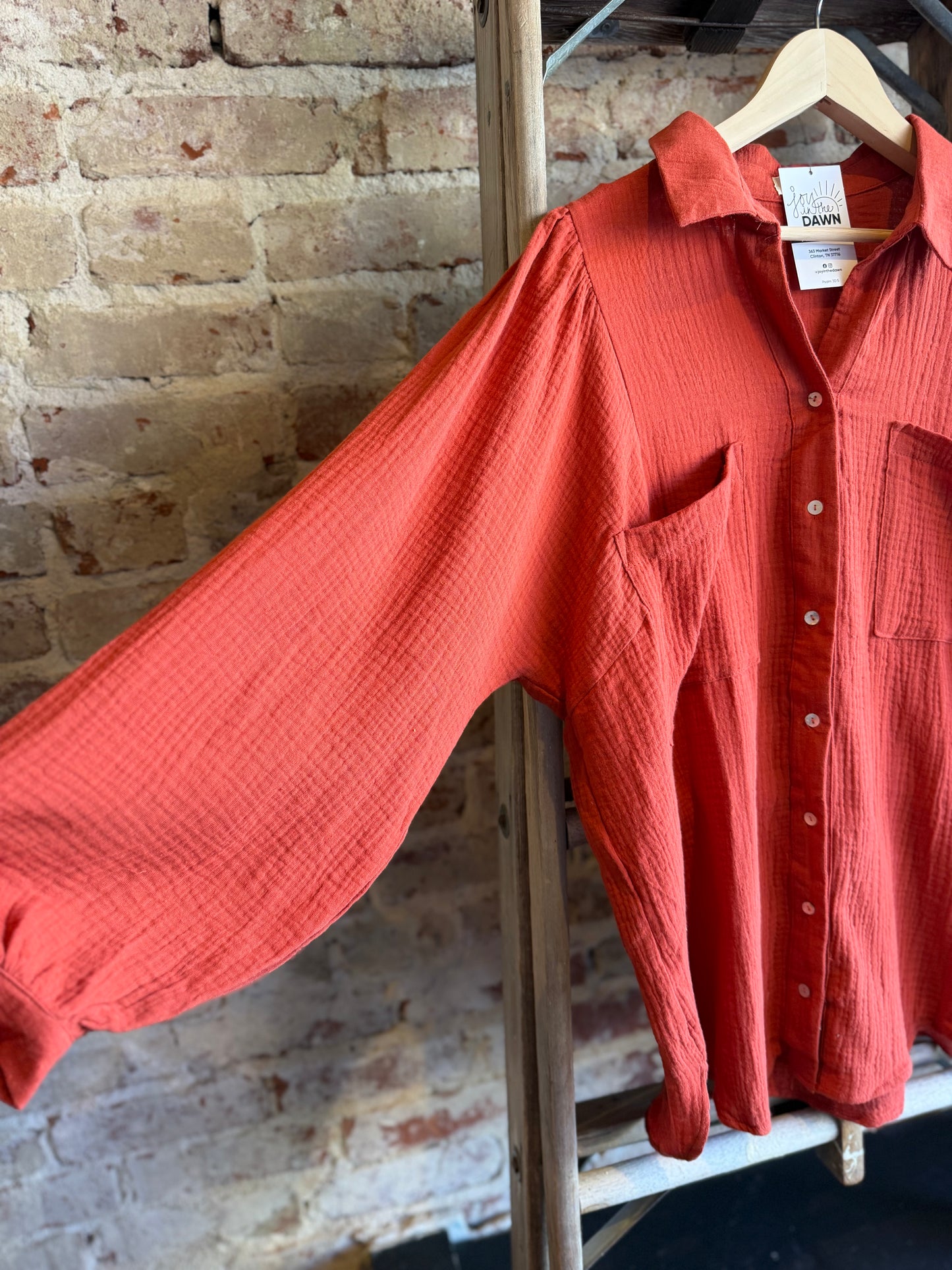 Gauze Puff Long Sleeve Blouse- Rust