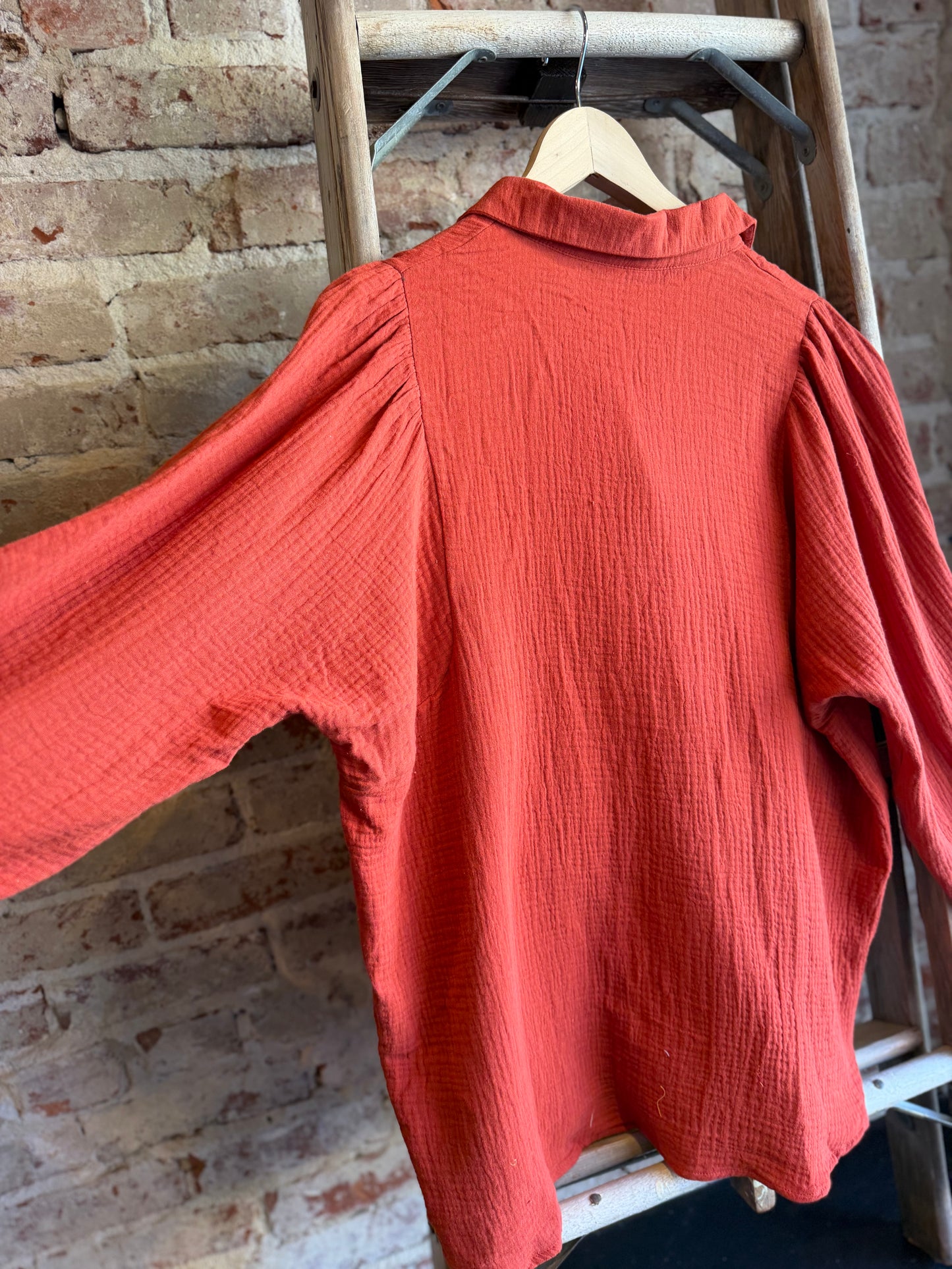Gauze Puff Long Sleeve Blouse- Rust