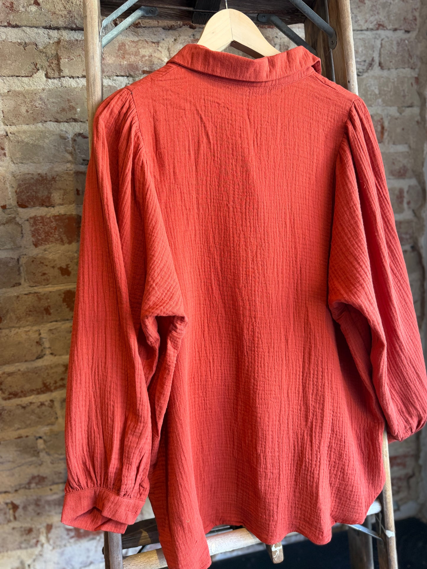 Gauze Puff Long Sleeve Blouse- Rust