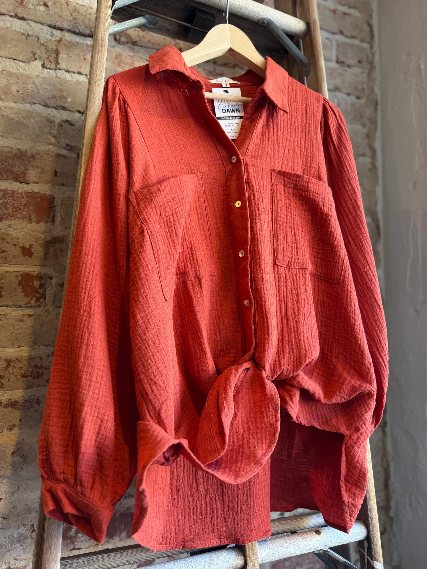 Gauze Puff Long Sleeve Blouse- Rust