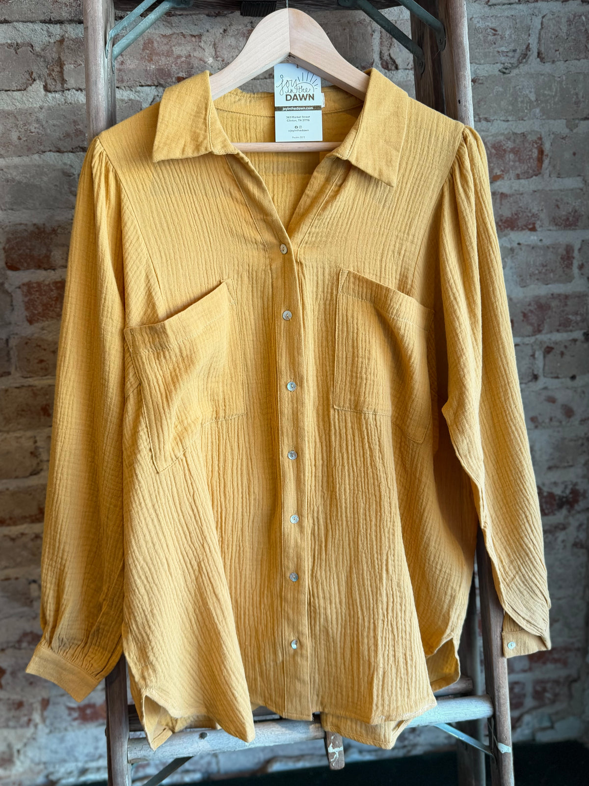 Gauze Puff Long Sleeve Blouse-Mustard