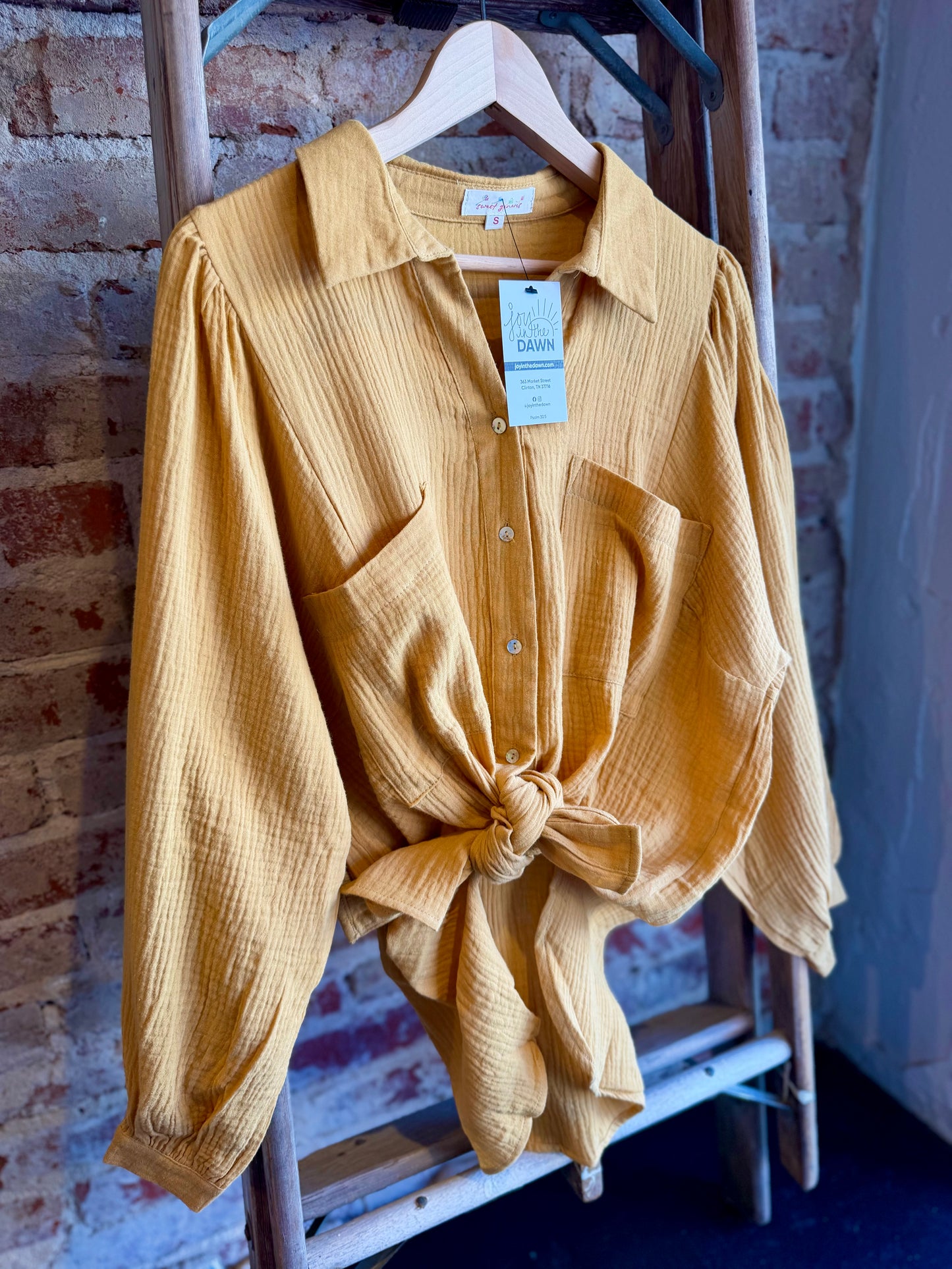 Gauze Puff Long Sleeve Blouse-Mustard