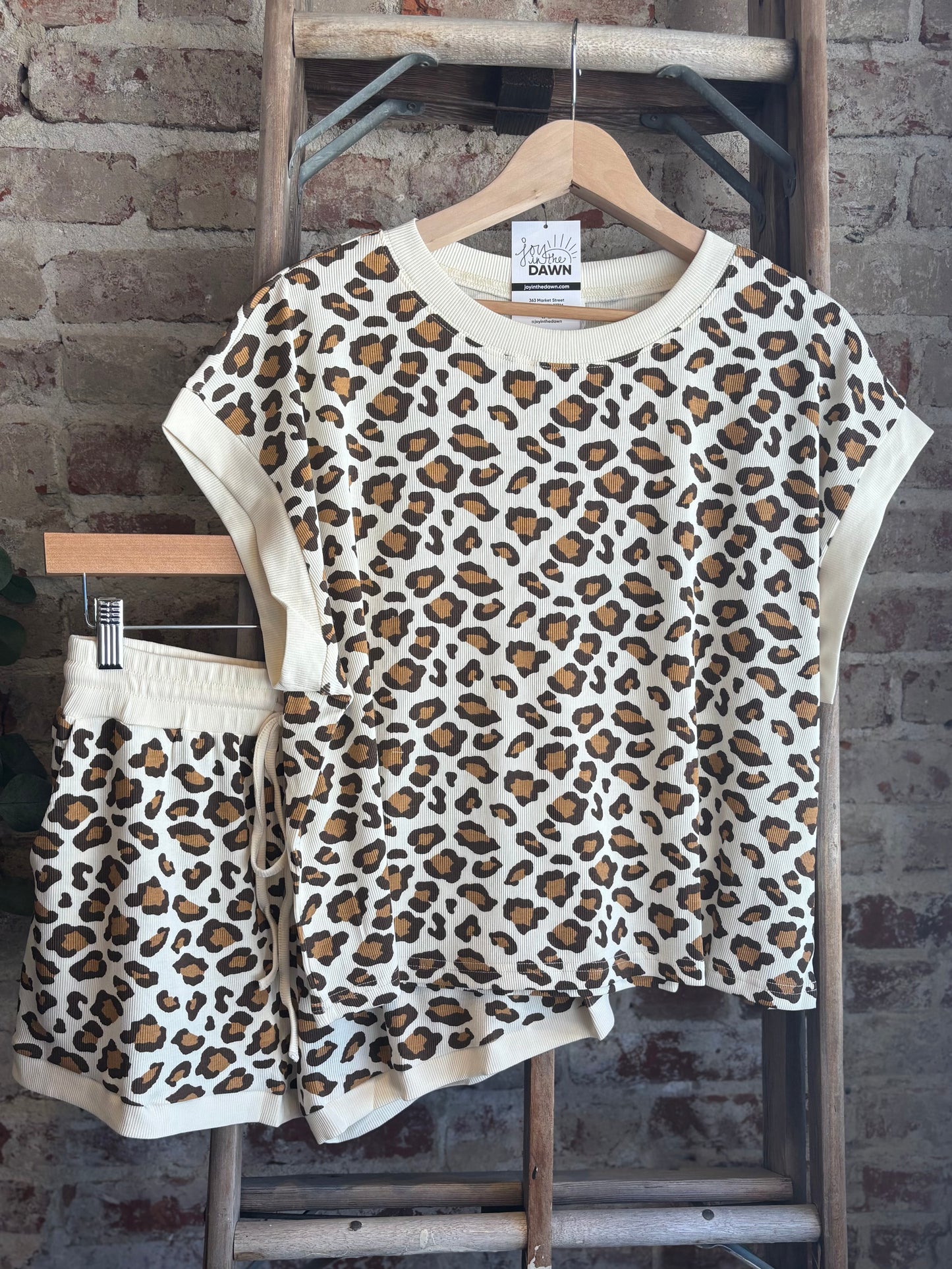 Leopard Print Ribbed 2-piece Set - Cream