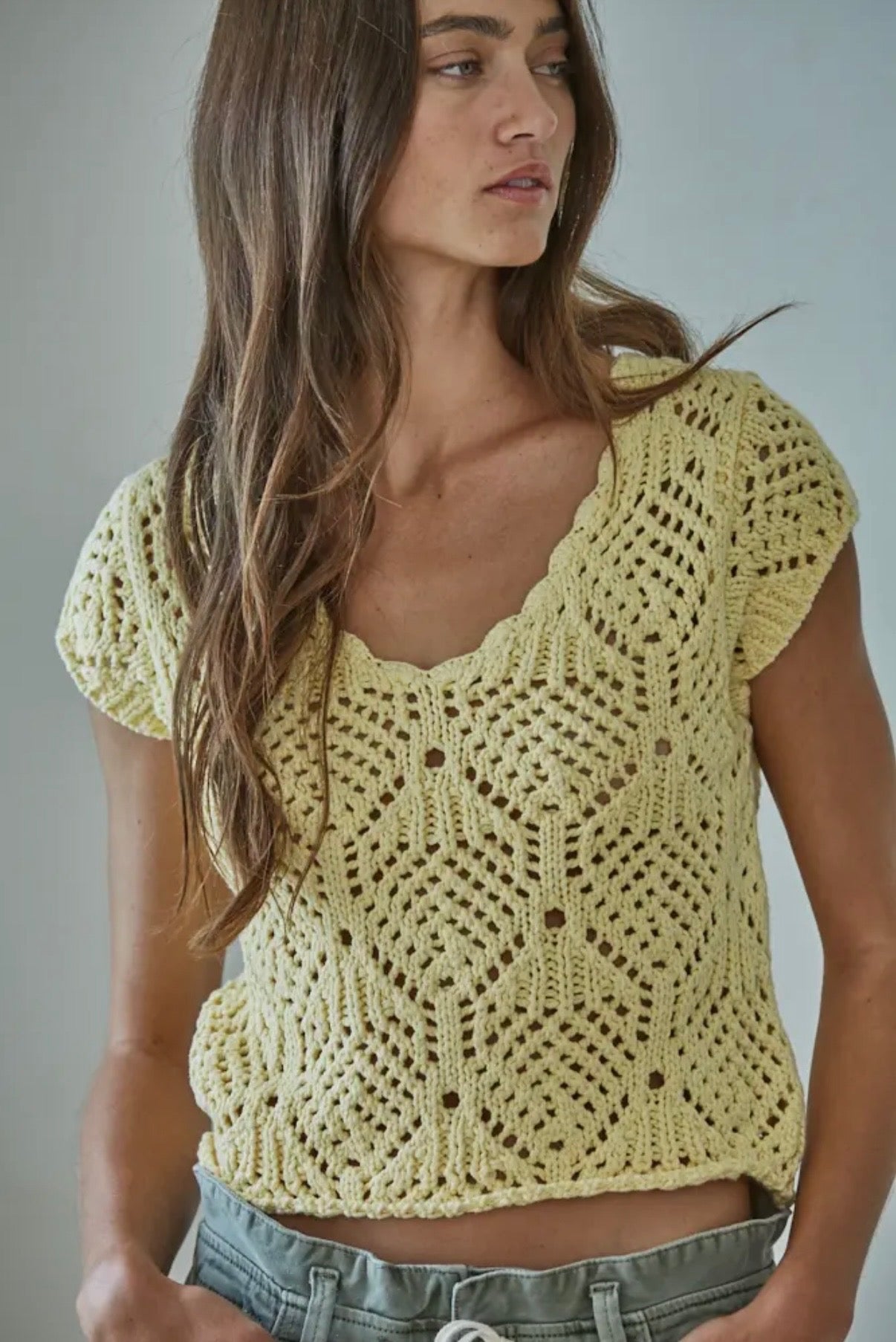 Cap Sleeve Crochet Sweater - Yellow