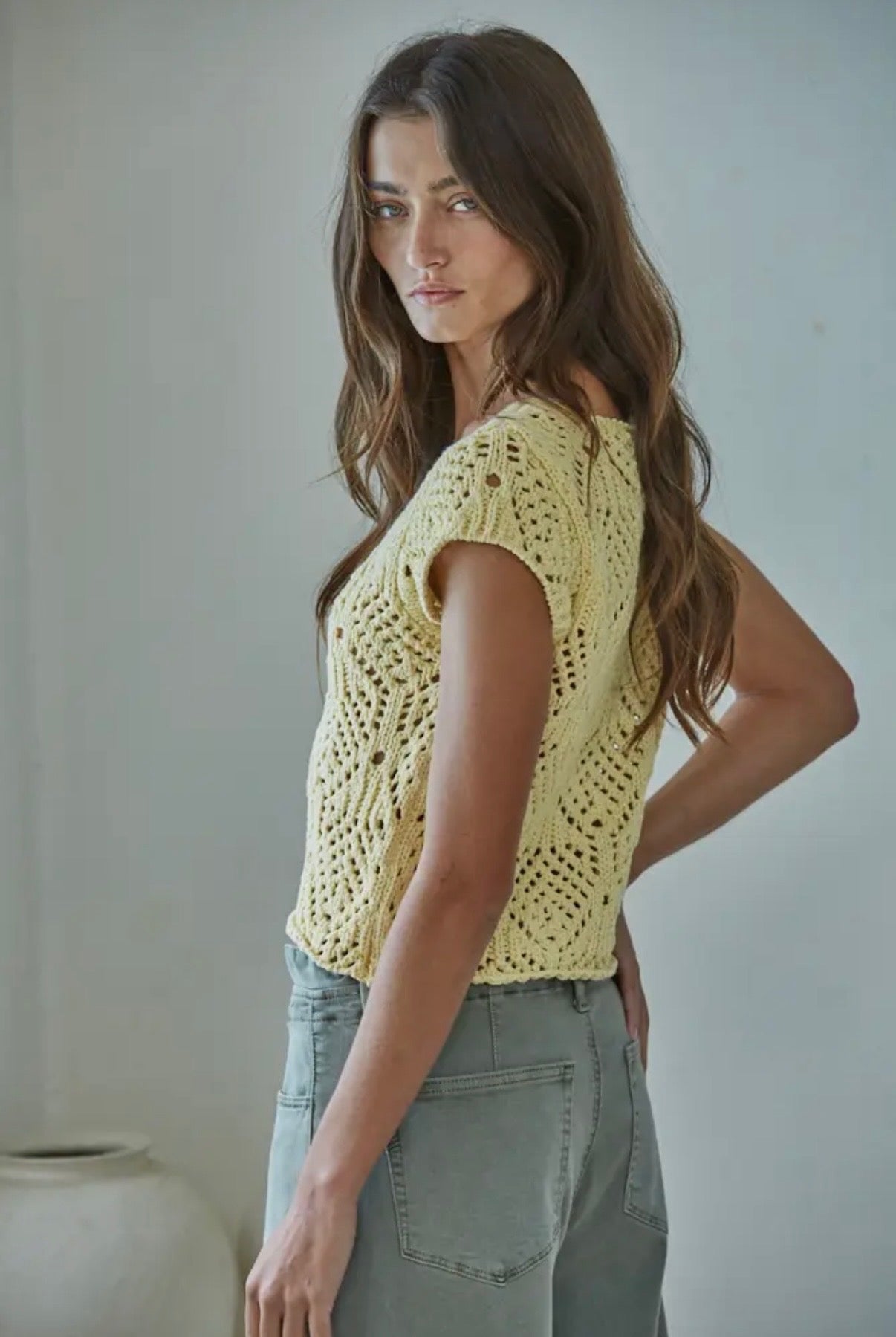 Cap Sleeve Crochet Sweater - Yellow