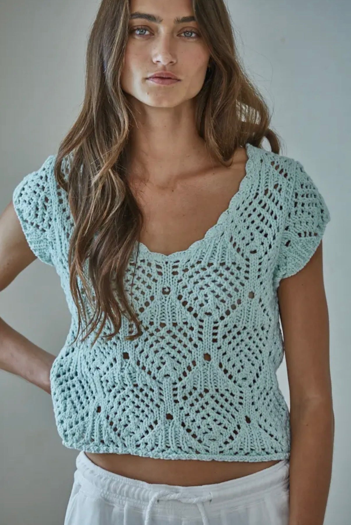 Cap Sleeve Crochet Sweater - Light Mint