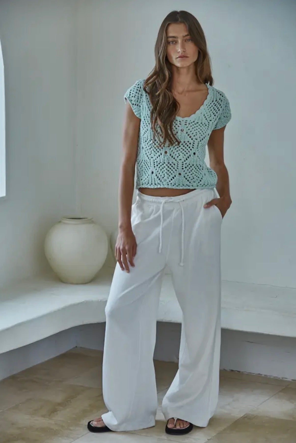 Cap Sleeve Crochet Sweater - Light Mint