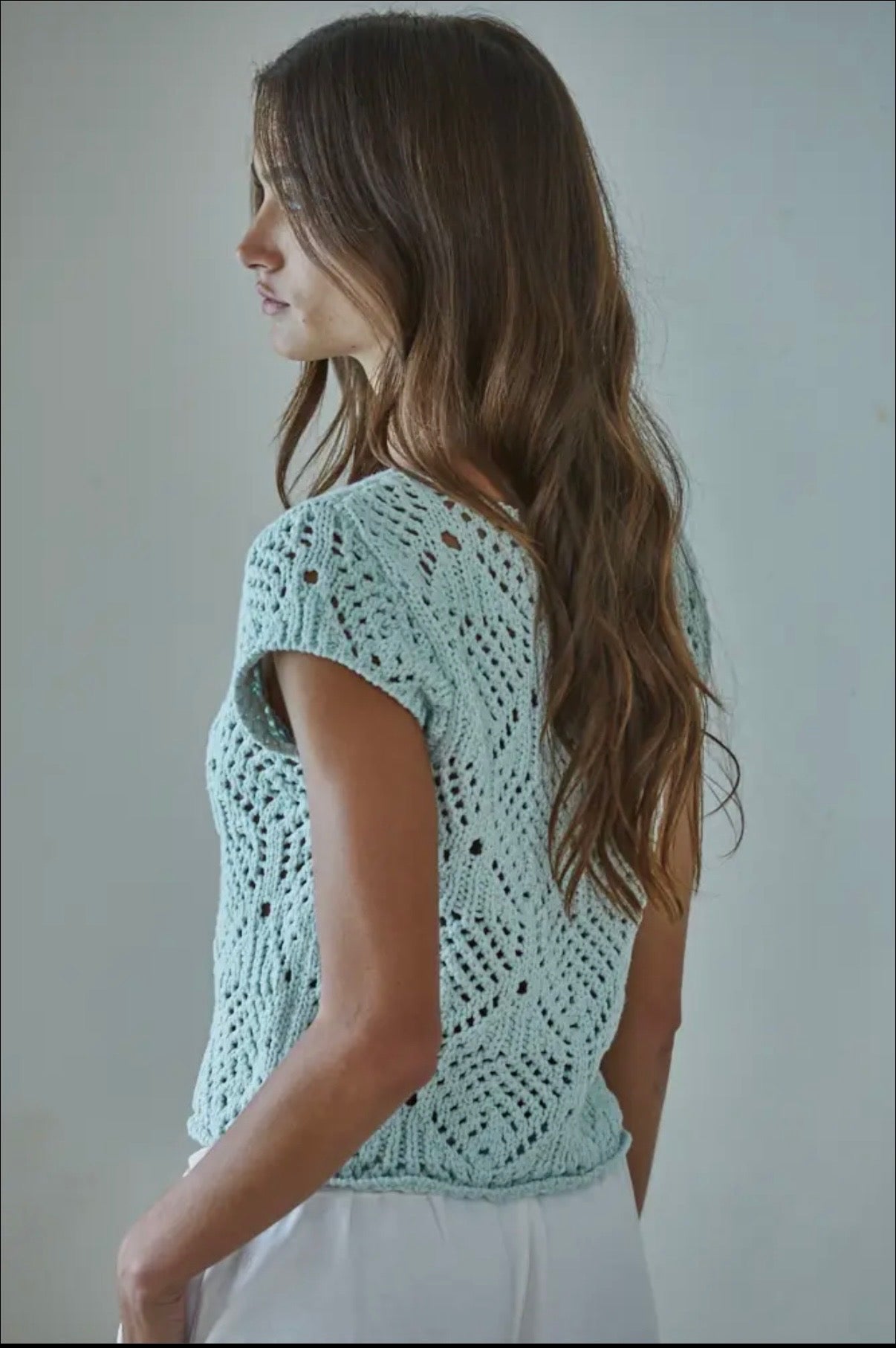 Cap Sleeve Crochet Sweater - Light Mint