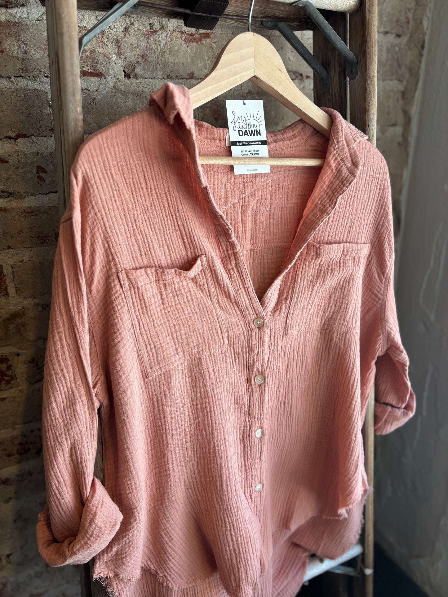 Gauze Long Sleeve Button Down- Peach