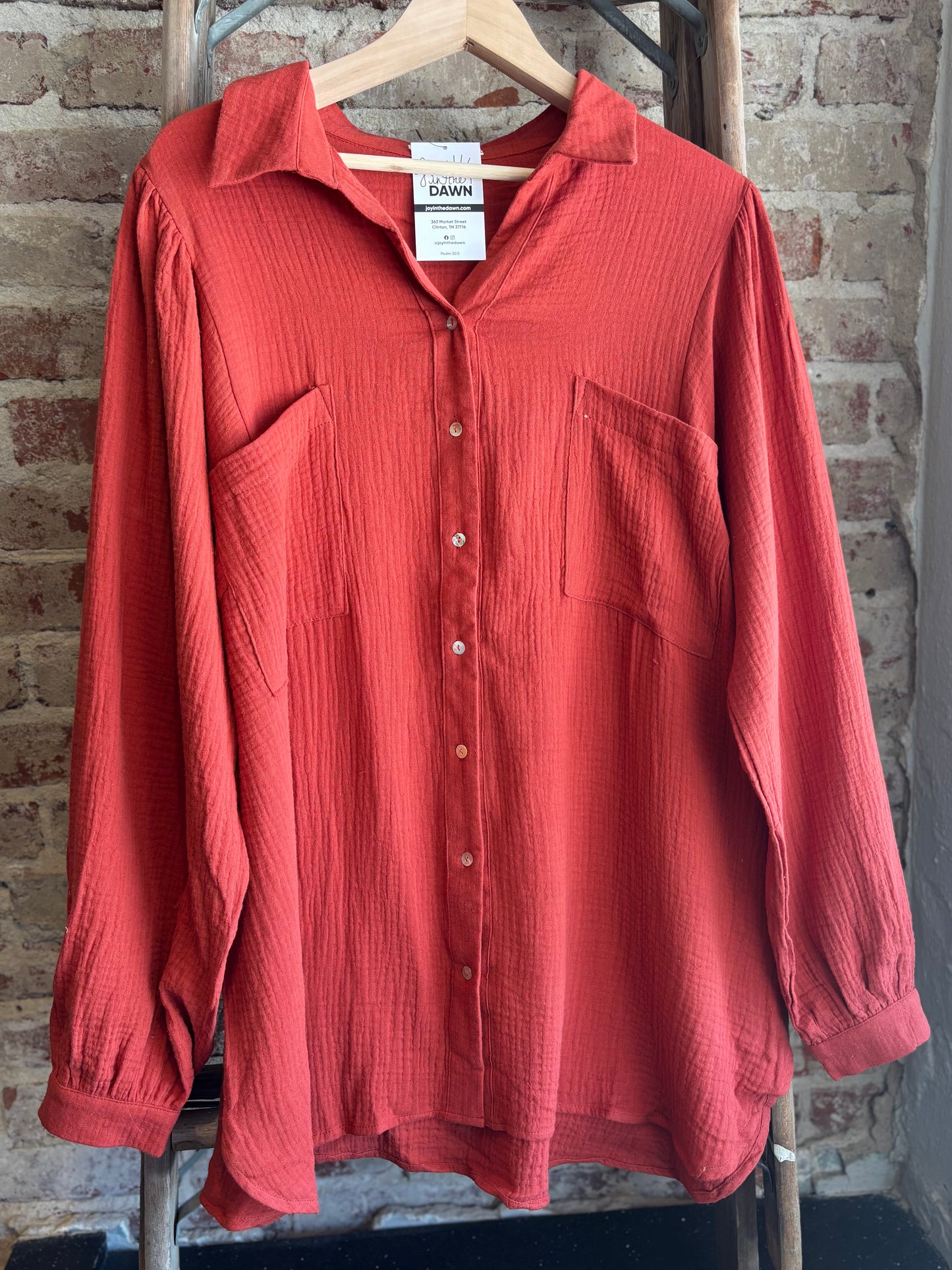 Plus - Gauze Puff Long Sleeve Blouse- Rust