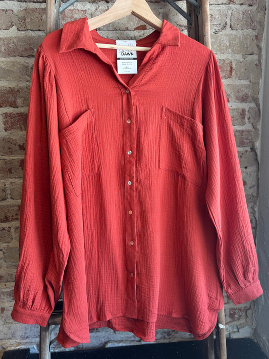 Plus - Gauze Puff Long Sleeve Blouse- Rust
