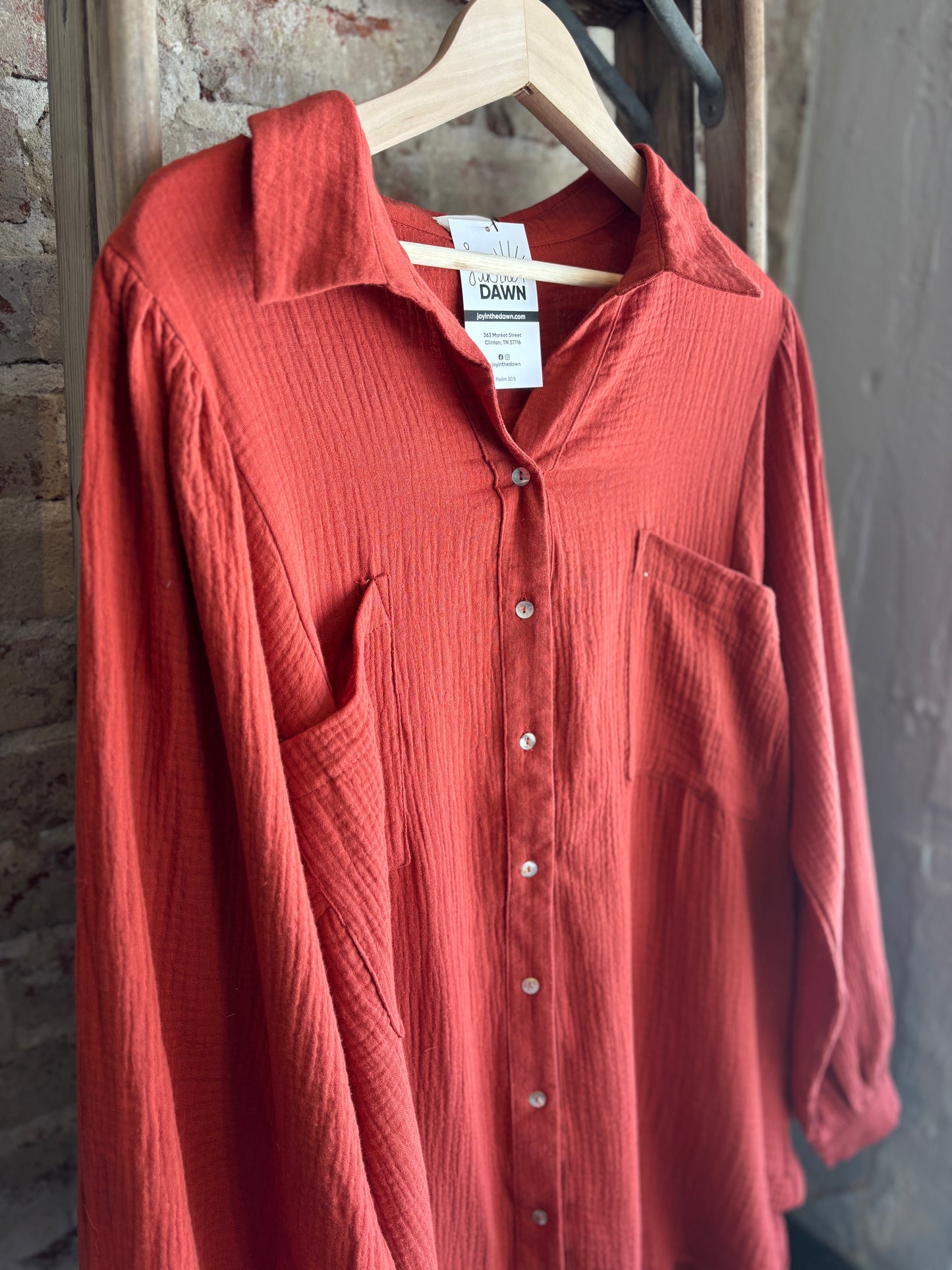 Plus - Gauze Puff Long Sleeve Blouse- Rust