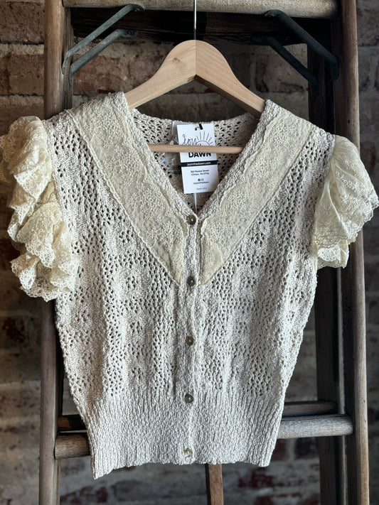 Crochet Button Down Ruffle Sleeved Top