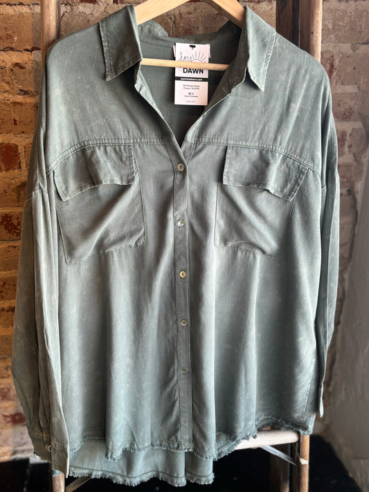 Mineral Washed Long Sleeve Shirt - Sage Green