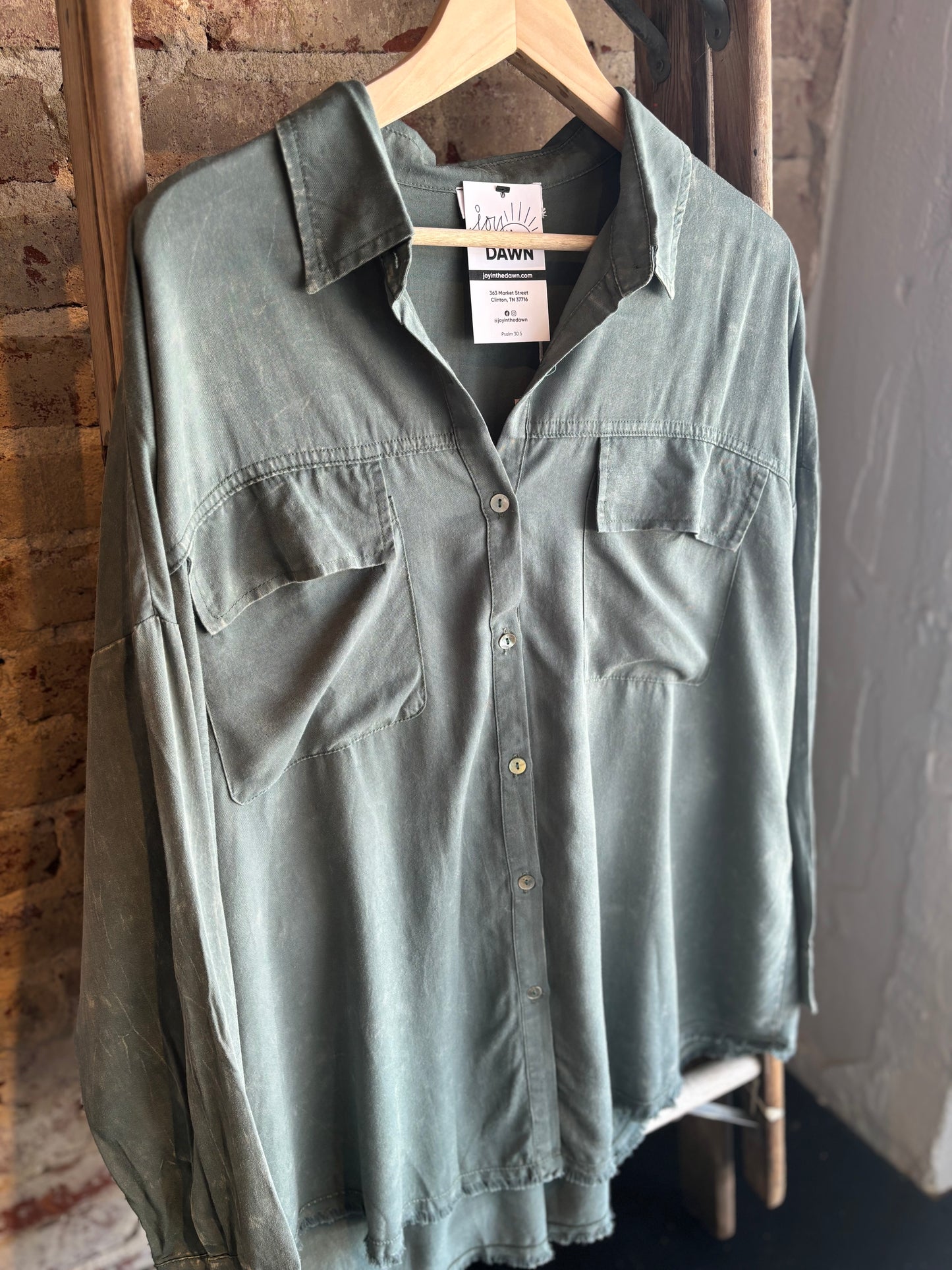 Mineral Washed Long Sleeve Shirt - Sage Green