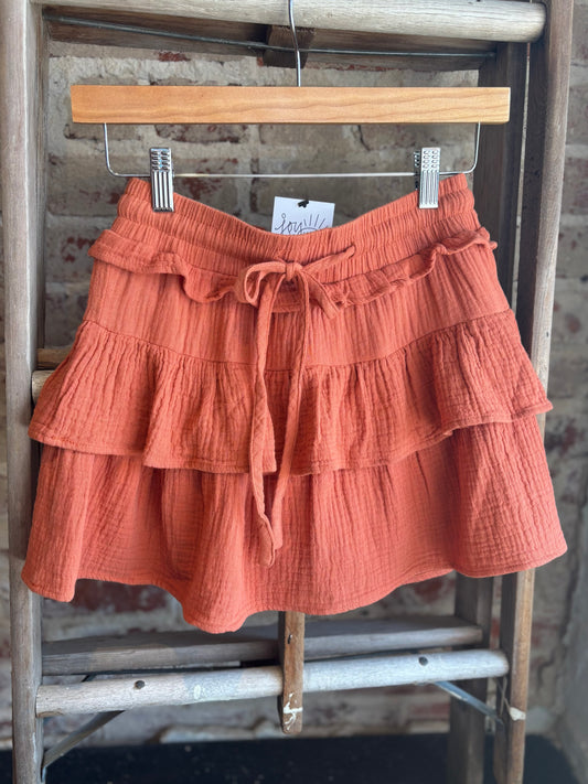 Tiered Gauze Mini Skort - Burnt Orange