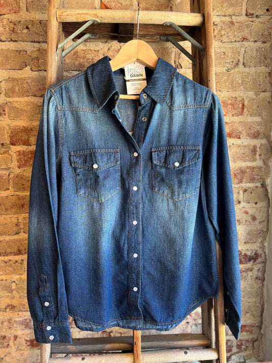 Western Washed Denim Button Snap Top - Blue