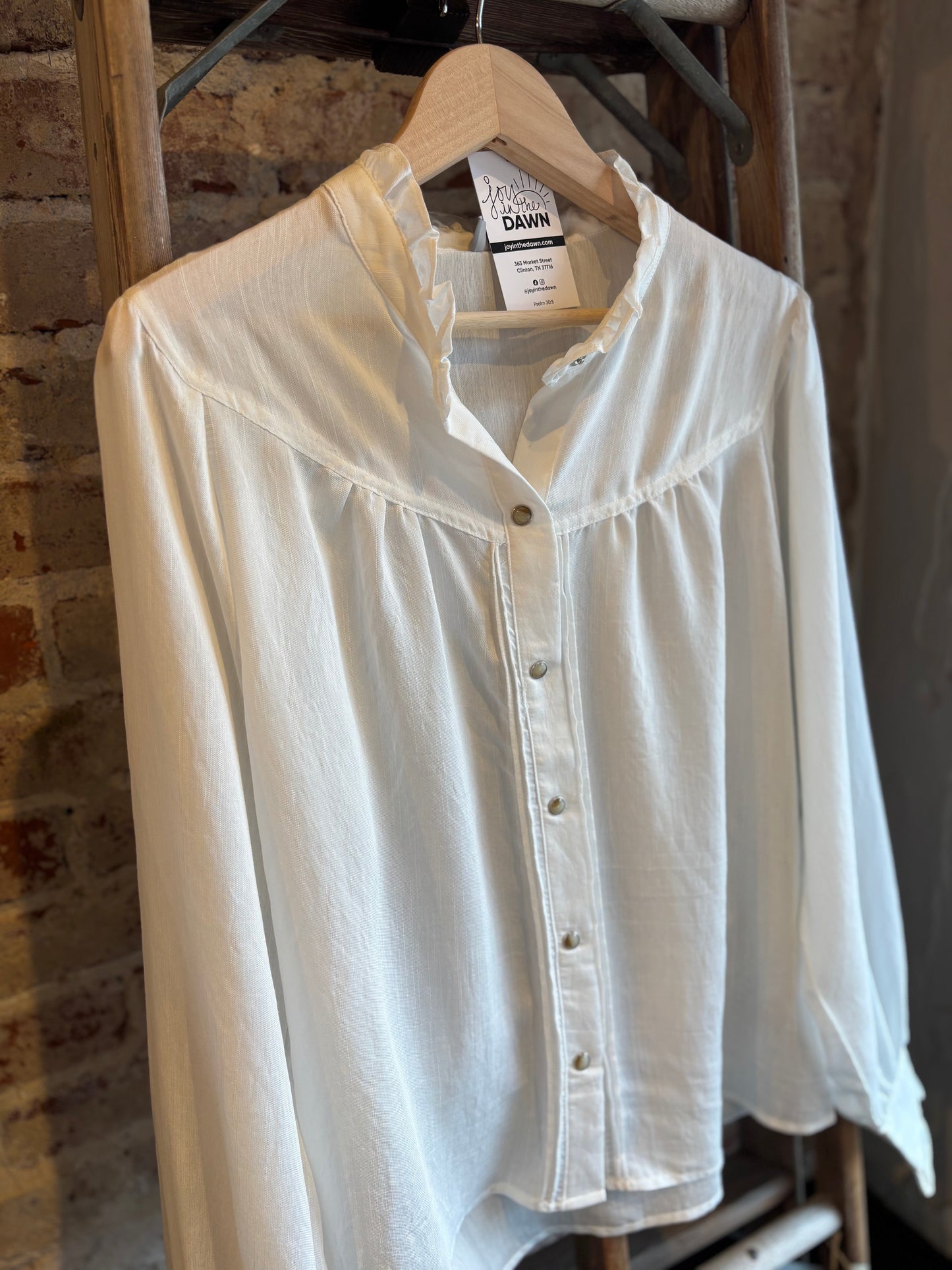 Ruffle Neck Denim Button Snap Top - Off White