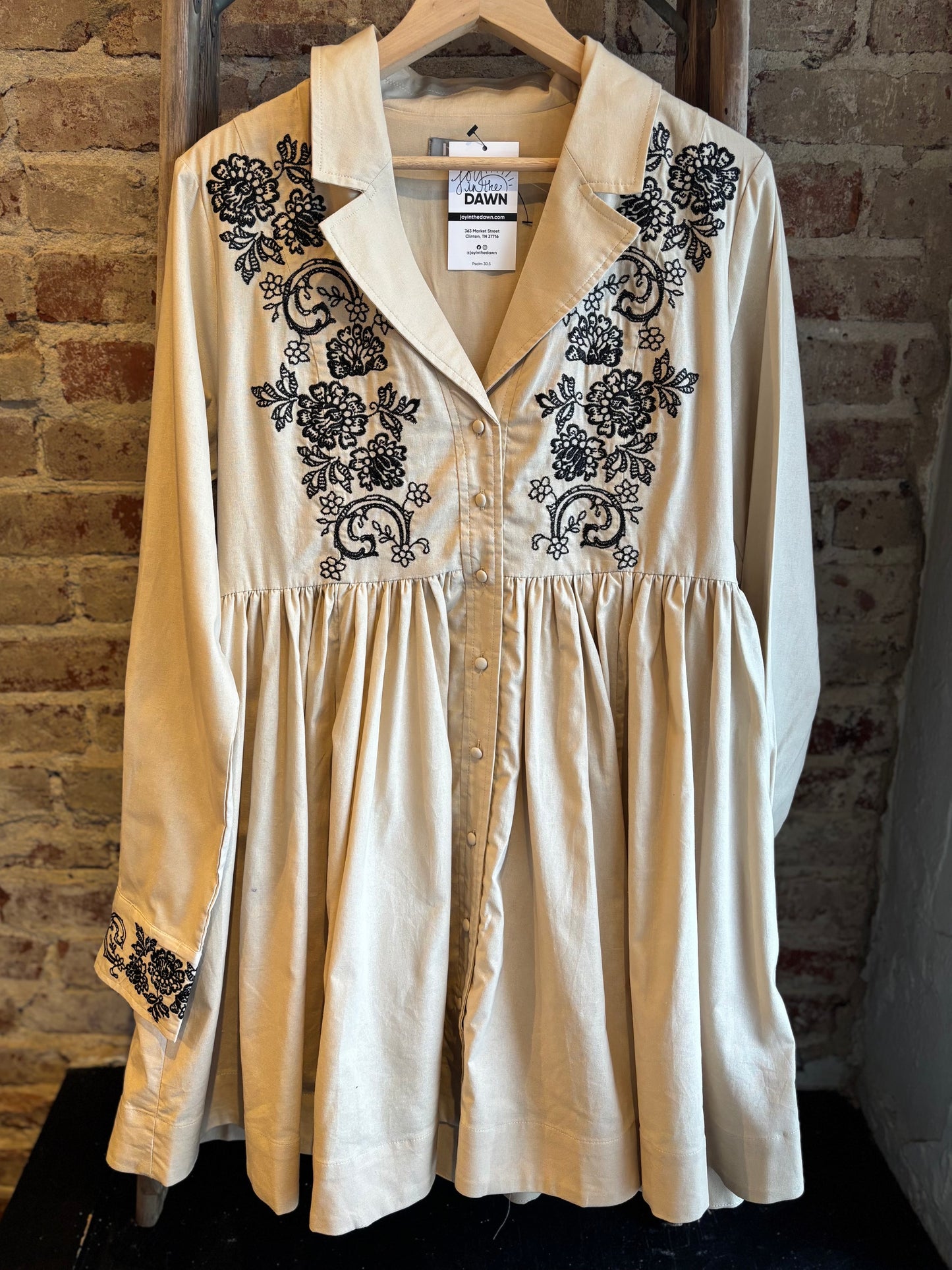 Floral Embroidered Button Down Dress - Taupe