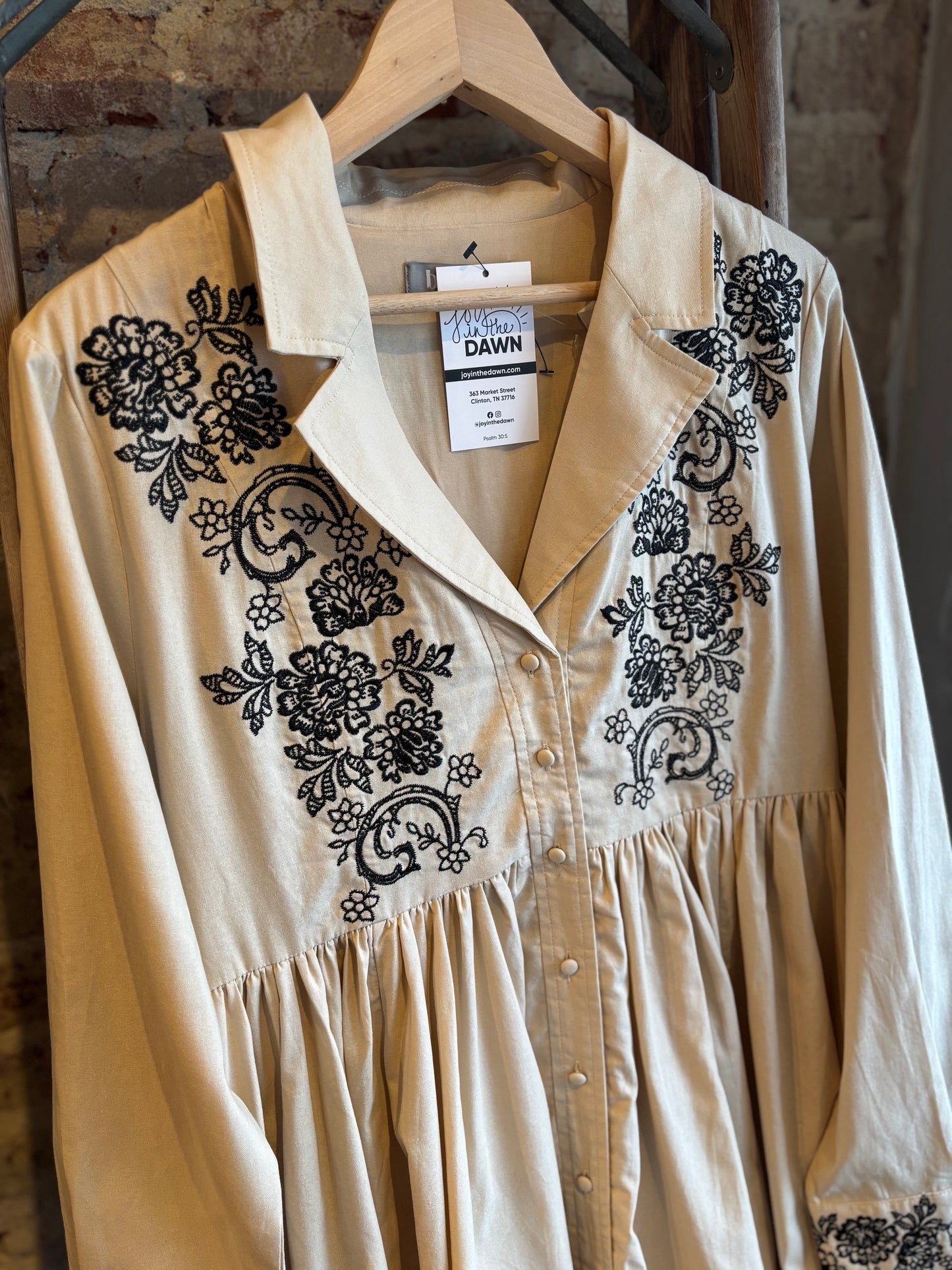 Floral Embroidered Button Down Dress - Taupe