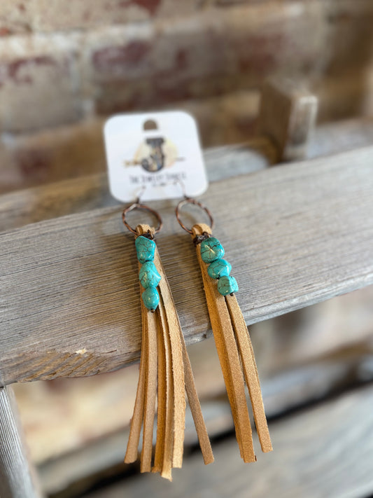 Cream Leather Fringe Earrings w/ Turquoise