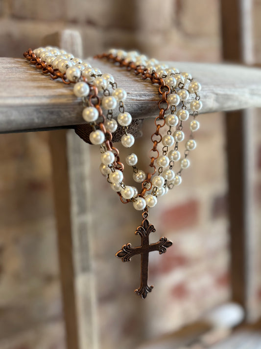 Pearl and Copper Cross Collar Necklace