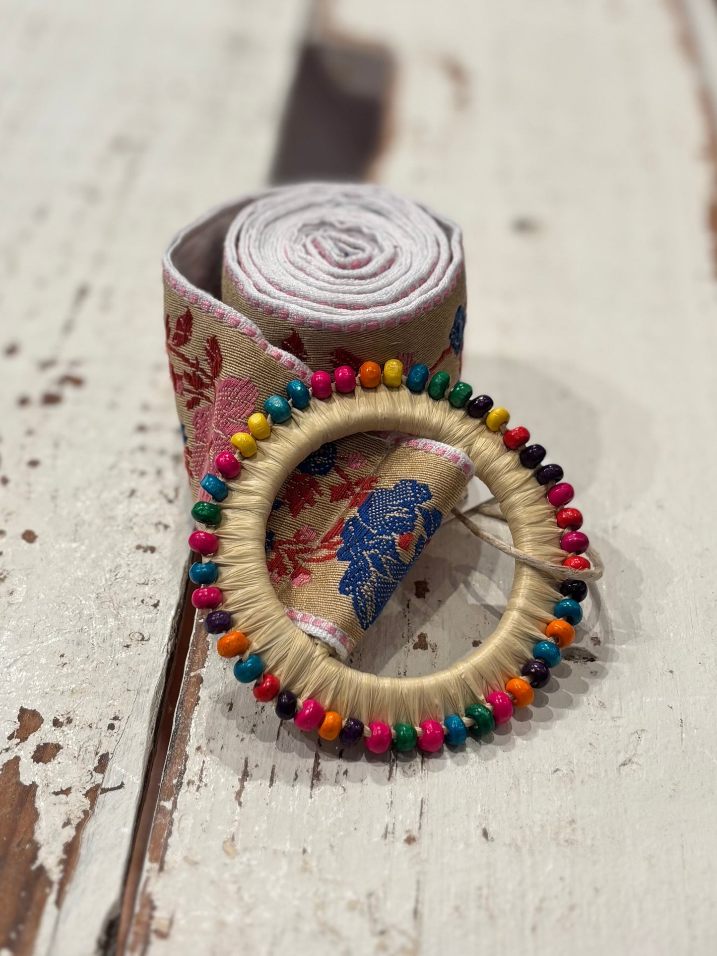 Floral Beaded Belt - Beige/Blue