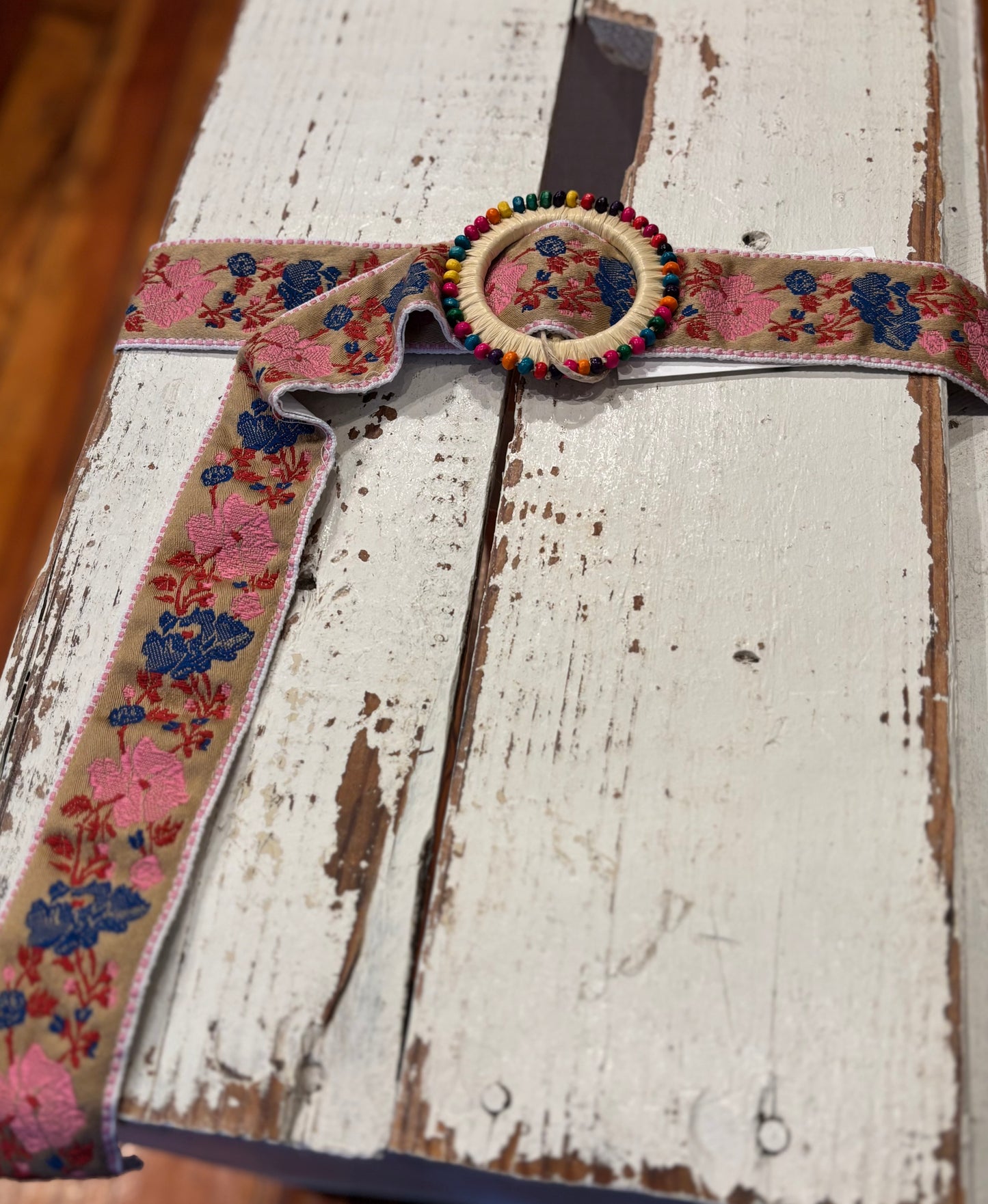 Floral Beaded Belt - Beige/Blue