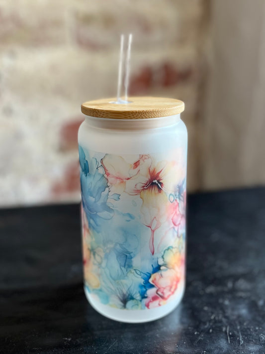 Watercolor Floral Can Glass w/ Bamboo Lid