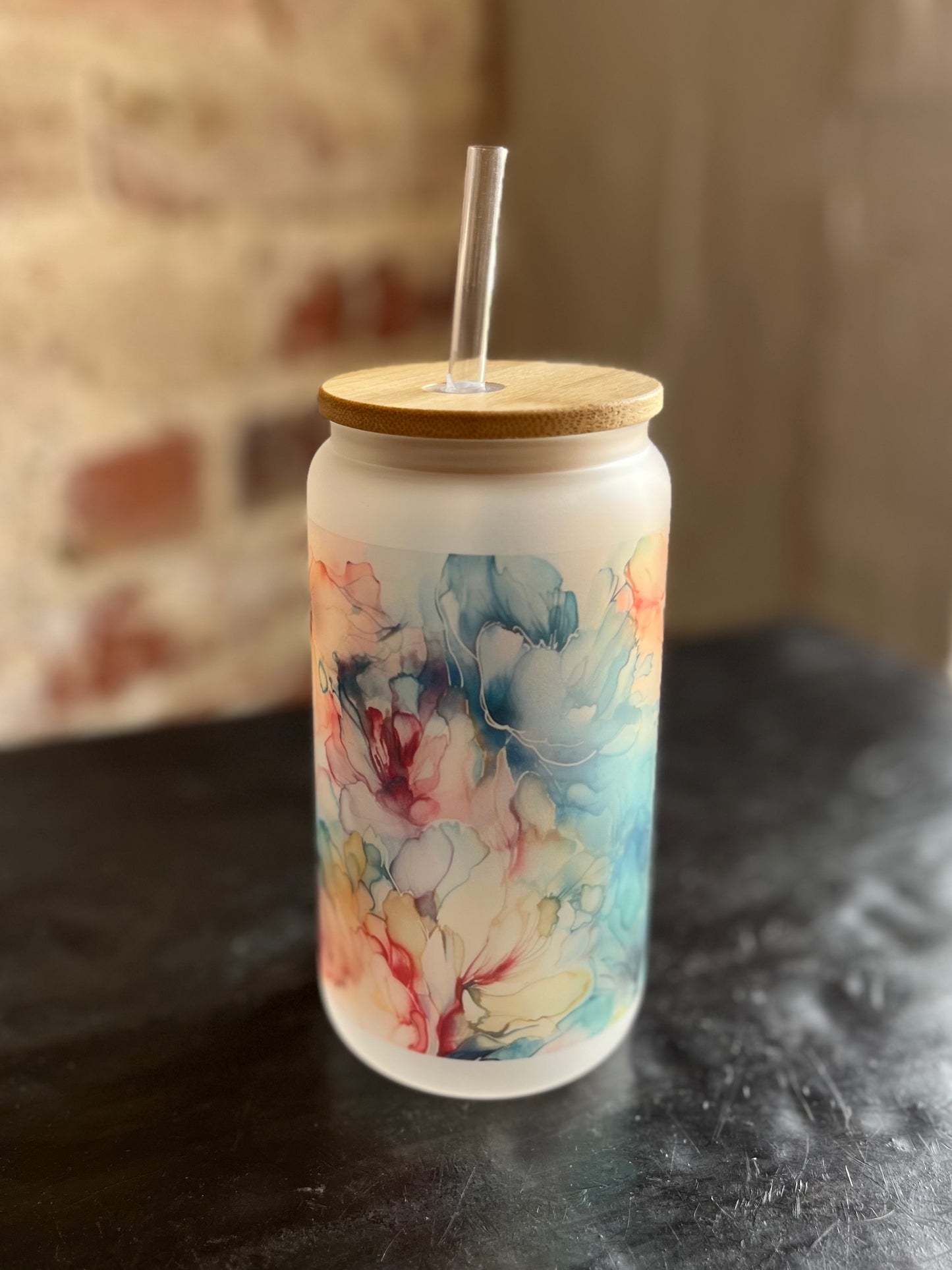Watercolor Floral Can Glass w/ Bamboo Lid