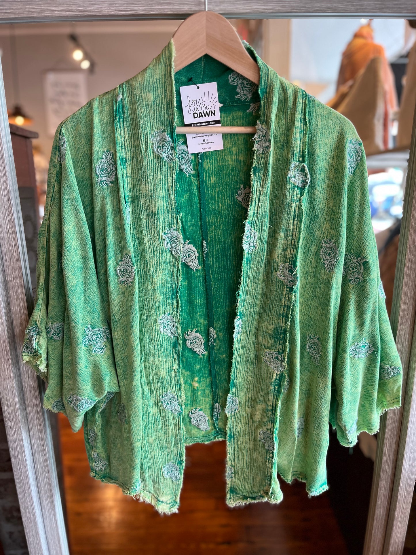 Flower Embroidered Duster- Grass Green