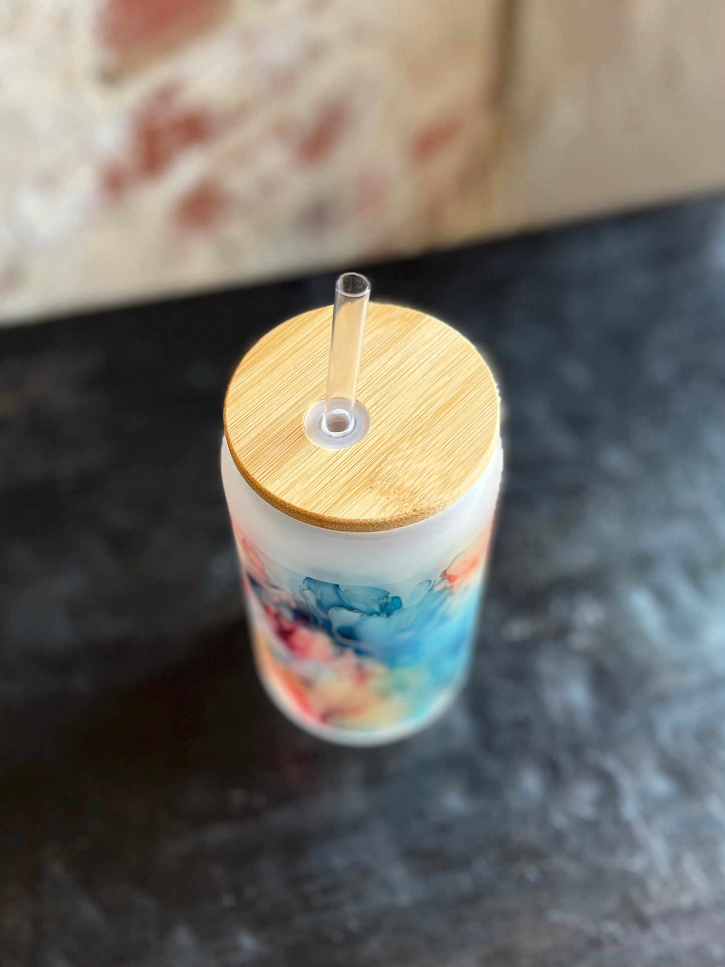 Watercolor Floral Can Glass w/ Bamboo Lid