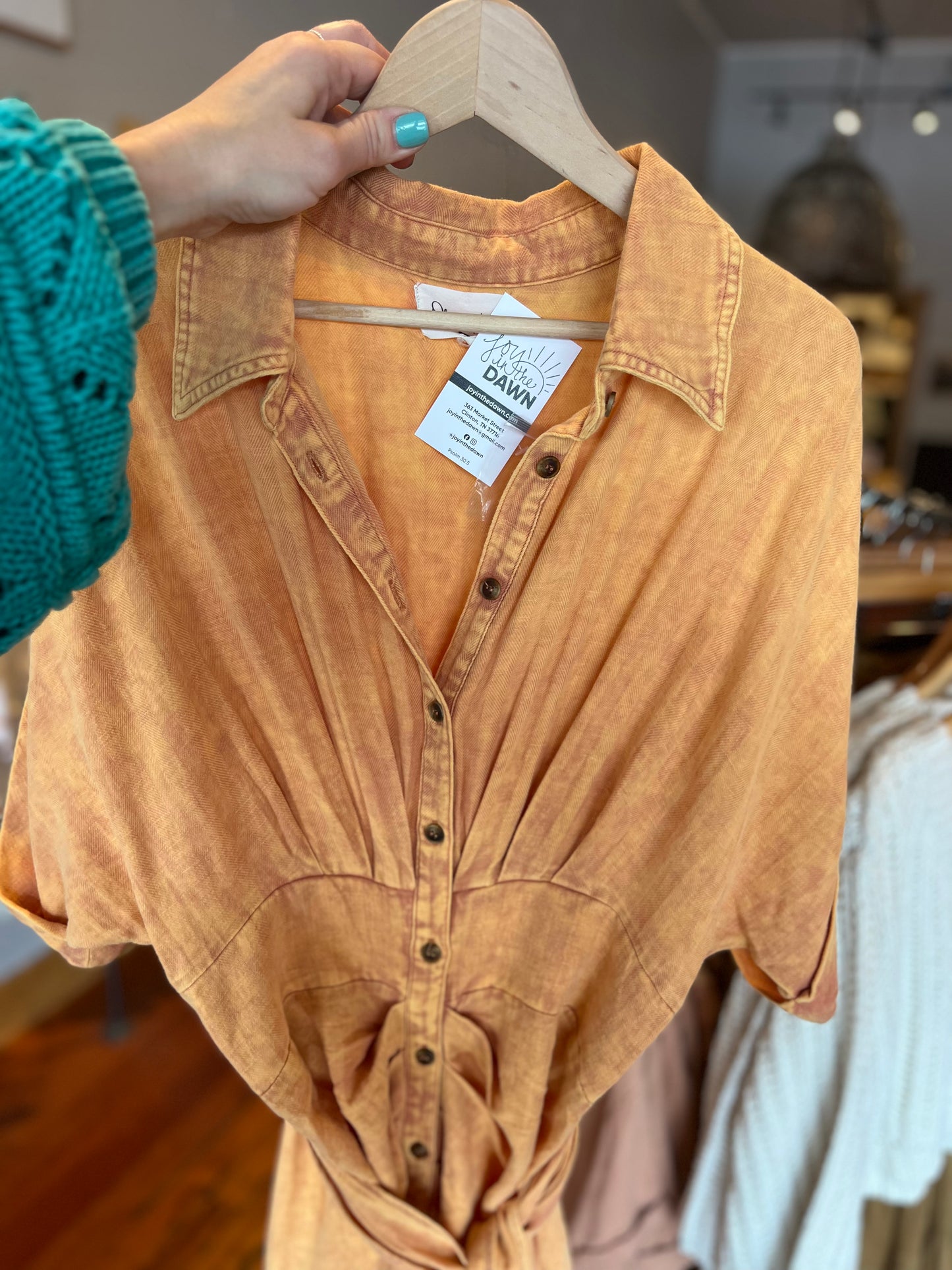 Mineral Washed Buttondown Shirt Dress- Orange